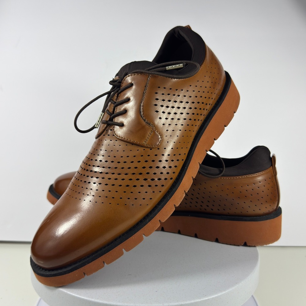 TAYNO Men 10 Cognac Perforated Oxford Vegan Leather Casual Dress Shoes